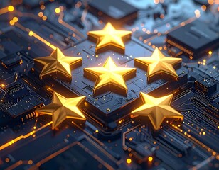 Six golden stars overlayed on a high-tech circuit board with orange light trails
