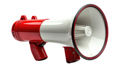 Red and white megaphone with handle, angled against a black background, appearing 3D