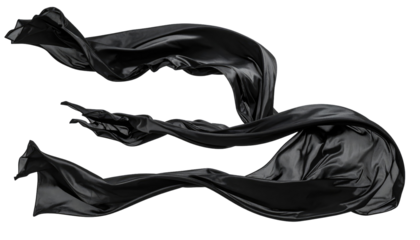 Flowing black fabric caught mid-air against a black background, undulating in graceful curves and waves