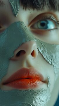 Woman with mud pack on face, promoting beauty and wellness treatment.