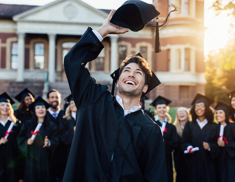 Joyful graduate throwing cap in celebration. Symbol of achievement, success, future. Perfect for ads, websites, education materials,  commencement related content. - Powered by Adobe