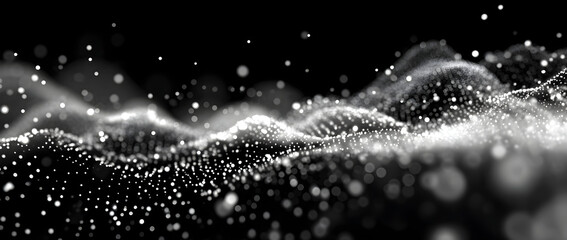 Abstract flowing wave of glowing white particles on black background with bokeh and shallow depth of field