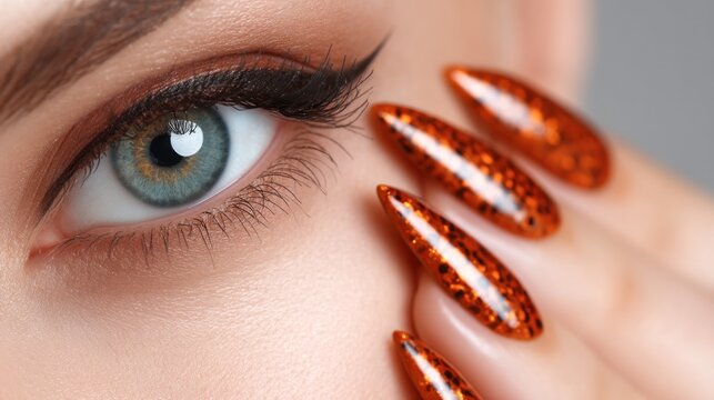 Closeup woman eye with decorative nails