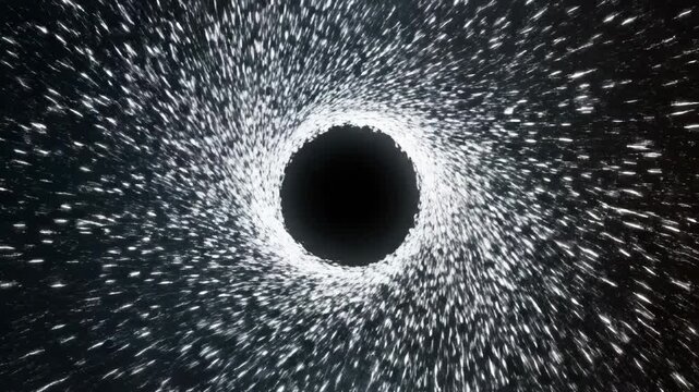 Seamless abstract loop of brilliant white particles accelerating and disappearing into a central black void pattern energy, innovation, space