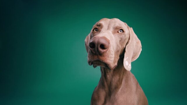 Adorable weimaraner dog looking curious and alert. This beautiful purebred pet with its striking gray coat poses against a green background