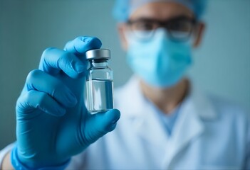 Development and creation of a medical vaccine. Vaccine concept with a doctor holding a blue vial, symbolizing scientific research and disease prevention.