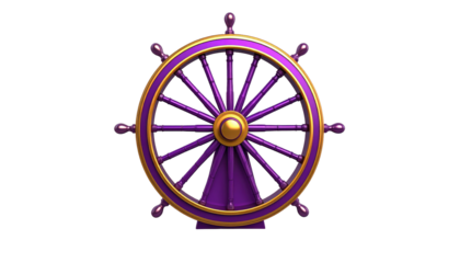Purple and gold wheel with radiating spokes, reminiscent of nautical or decorative design, on a black background