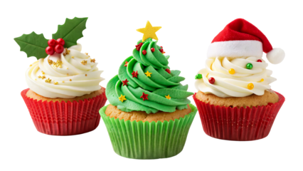 Christmas-Themed Cupcakes Trio with Festive Frosting and Holiday Decorations on a White Background
