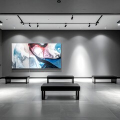 Modern Art Gallery Interior with Abstract Painting and Benches.