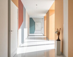 Modern Hallway with Geometric Wall Design and Natural Light.