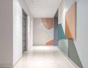 Modern Hallway with Abstract Art and Neutral Tones.
