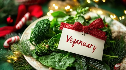 Fresh green salad on plate with red bow, festive Christmas background, Veganuary holiday theme with vibrant seasonal greens and cheerful plant based diet
