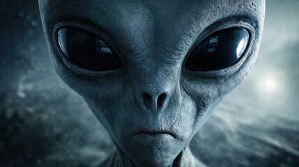 An alien figure with large eyes and gray skin stands against a cosmic background exploring the universe.
