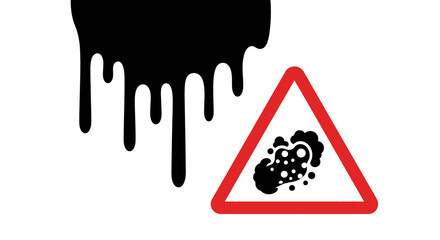 Black liquid dripping with a red triangular warning sign indicating a health hazard or harmful substance.