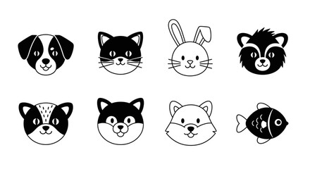 Collection of cute cartoon animal faces including dogs, cats, rabbits, and pandas arranged in a row.