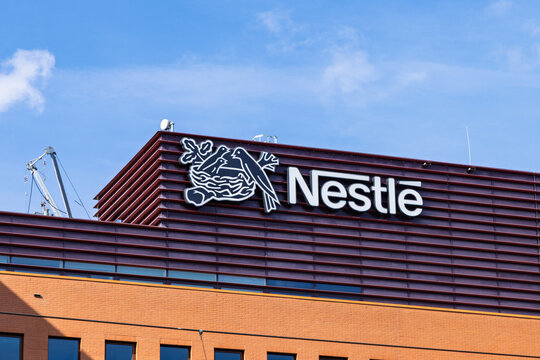 The Nestl&eacute; logo on facade of its office building Netherlands.