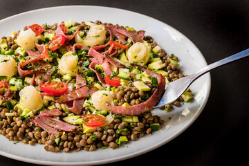 Overhead Close-up of Hearty Lentil Salad with Sliced Cured Meat, Pearl Onions, and Fresh Vegetables...