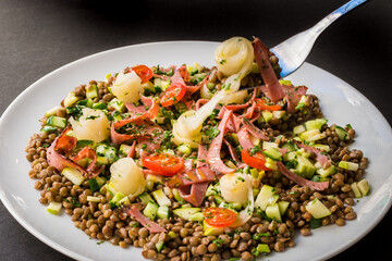 Hearty Mediterranean Lentil Salad with Sliced Smoked Meat, Cherry Tomatoes, Cucumbers, and Onions