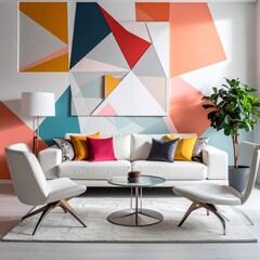 Modern Living Room with Geometric Wall Art and White Sofa.