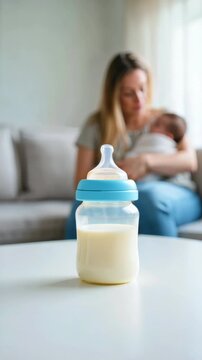 Mother holding her newborn in the background with a bottle of expressed milk in focus, symbolizing World Breastfeeding Week, maternal care, nourishment, and early bonding support