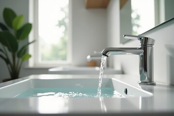 Modern chrome faucet filling a pristine sink with fresh water in a bright bathroom