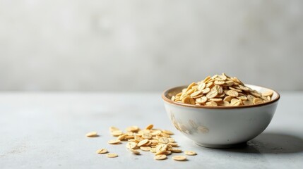 A bowl of nutritious rolled oats, a healthy breakfast staple, sits on a neutral-toned surface, ready for consumption.  The image depicts a simple, wholesome food.