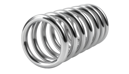 Silver, coiled spring resting on a black background. Reflection and shadows create depth and form