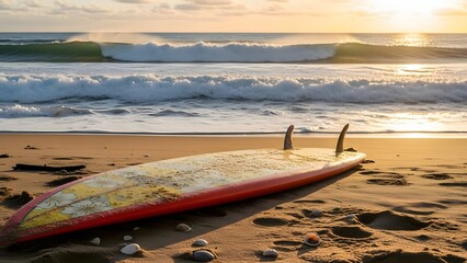 Surfboard on Sand: A lone surfboard rests on a sandy beach, bathed in the warm glow of the setting sun, with ocean waves crashing in the distance, evoking a sense of tranquility.