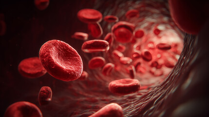 Close-up 3D View of Red Blood Cells Flowing Inside a Blood Vessel or Capillary