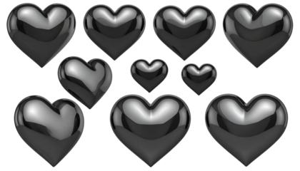 Shiny, dark heart shapes clustered against a solid black background create a smooth, reflective, three-dimensional effect