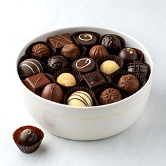 A white bowl contains various types of chocolate. on transparent background .