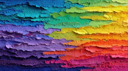 Colorful layers of torn paper blend together to form a stunning rainbow landscape.