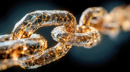 Digital glowing network of interconnected geometric chain links symbolizing blockchain technology and secure network connections with vibrant light effects