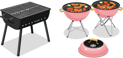 Colorful outdoor barbecue grills with sizzling food, tripod design, and detachable lid for summer cooking, picnic, and backyard gatherings.