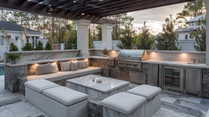 Stylish outdoor kitchen space features marble countertops and comfortable seating for gatherings.