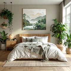 Serene Bedroom Oasis with Tropical Artwork and Natural Light.
