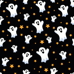 Naklejka premium seamless pattern with cute ghosts in cartoon style on black background for children's textiles