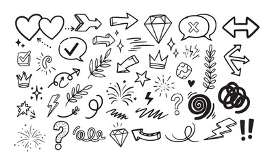 Collection of hand drawn doodle icons and symbols on white background.