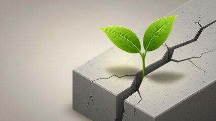 Resilient Green Sprout Emerging from Cracked Concrete Block.