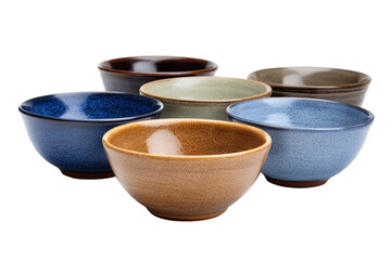 Assortment of six ceramic bowls in various earthy and blue tones pottery kitchenware, Isolated On White Background, Png Transparent