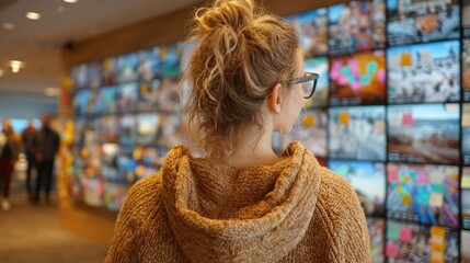 Woman with glasses looks at a wall of screens. Others walk in background