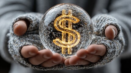 Hands cradle a shimmering orb displaying a golden dollar sign, suggestive of financial fortune