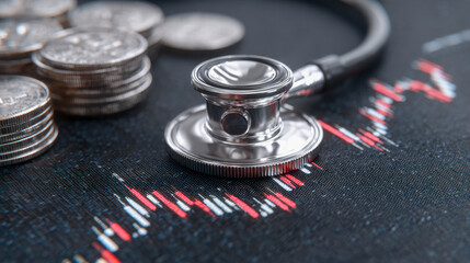 Stethoscope and stacked coins on financial chart symbolizing healthcare economics and medical industry market analysis concept with investment trends