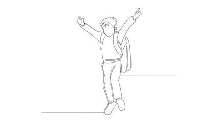 Single continuous line drawing of a Happy schoolboy is happy about end of school year. boy with school bag and jump. End of school. Education concept one-line draw design graphic vector illustration. 