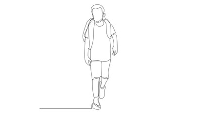 Single continuous line drawing of a school boy walking with a bag to his home. End of school. Education concept one-line draw design graphic vector illustration