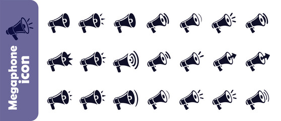 Set of black megaphone icons with sound waves and arrows, communication and announcement symbols vector