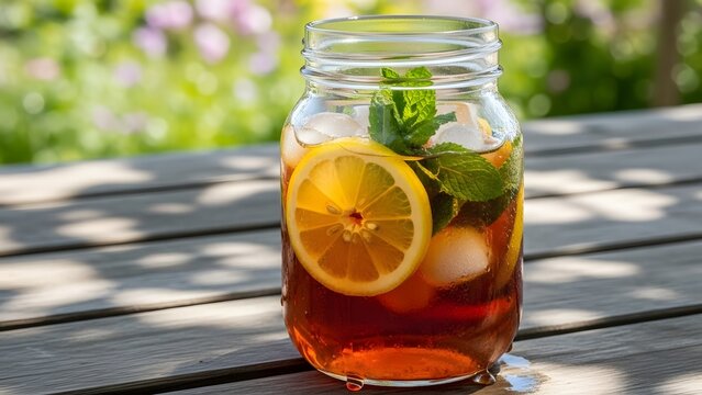 Summer Refreshment: A close-up shot of a refreshing iced tea beverage in a mason jar, garnished with a slice of lemon and fresh mint leaves, resting on a wooden table.
