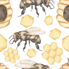 Watercolor hand painted bee Pattern, Insect repeat paper