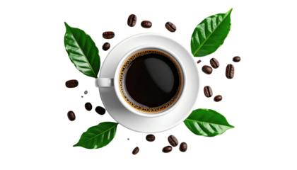 Overhead view of a cup of black coffee surrounded by green leaves and scattered coffee beans on a black background