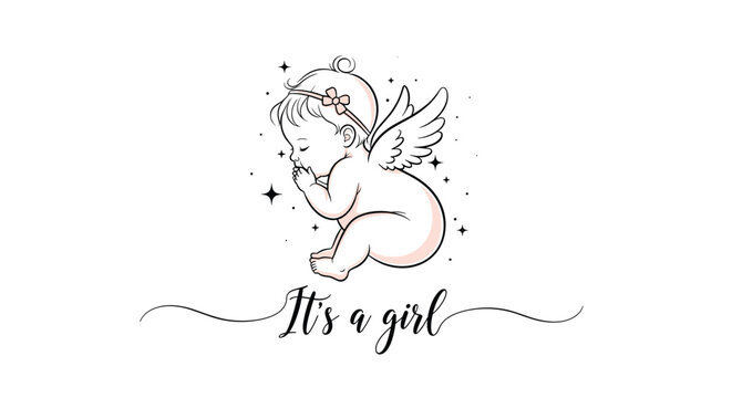 Sweet sleeping baby girl with angel wings and a pink bow praying among stars, with 'It's a girl' text for a birth announcement card.